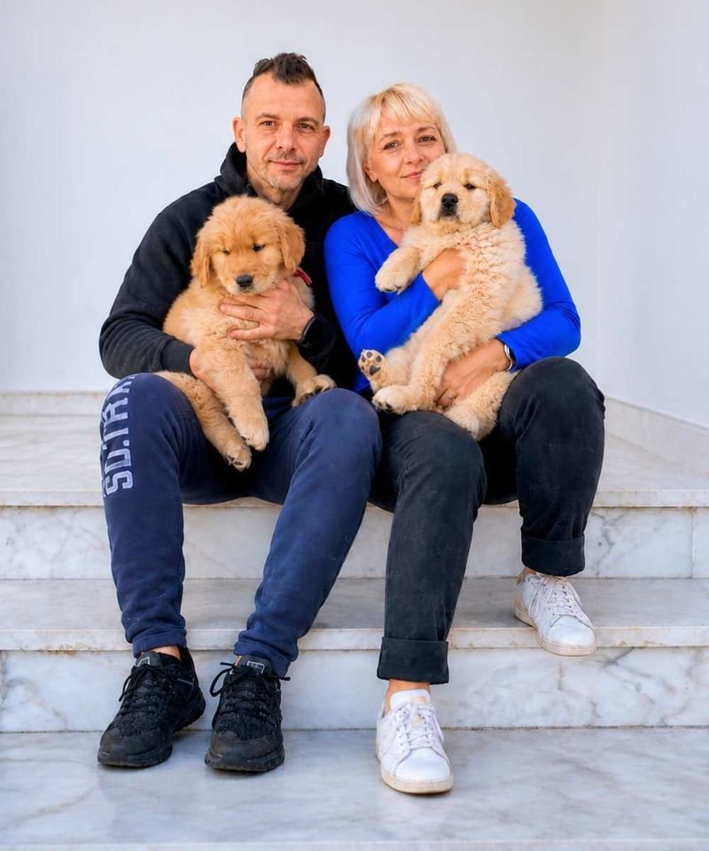 Max Sigismondi e Paola Renzi con due cuccioli di Golden Retriever